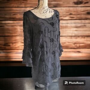 Madison Leigh Dress Black Sheer Top Swirls Ruffled Tiered Sleeves Midi- 8